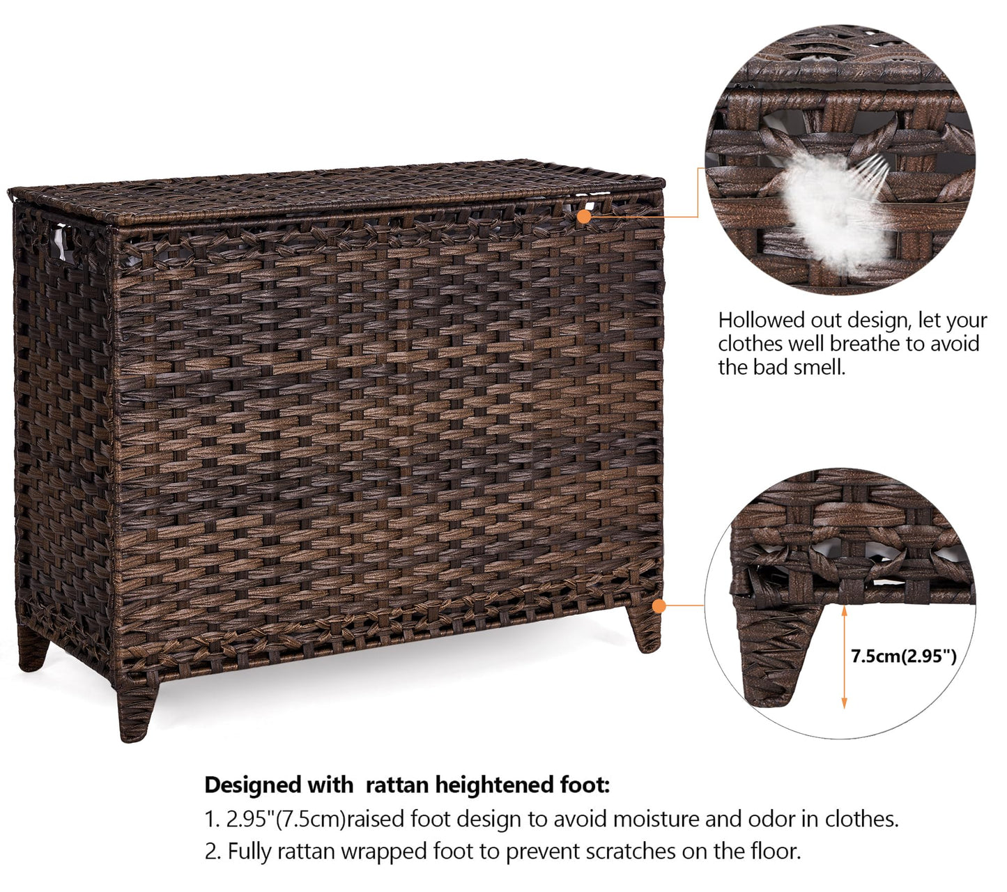 Laundry Hamper with 4 Removable Liner Bags; 176L Handwoven Rattan Laundry Basket with Lid & Heightened Feet; Clothes Hamper with Side Handles (Brown)