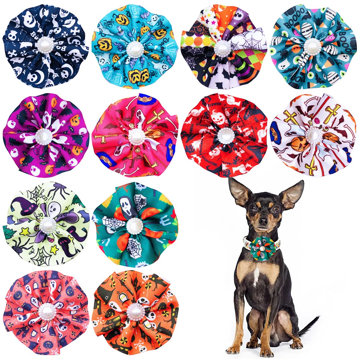 JpGdn 12pcs Halloween Dog Collar Flowers Bows Attachment Sliding for Medium Large XL Puppy Cats Rabbit Party Holiday Grooming Cosume Accessories
