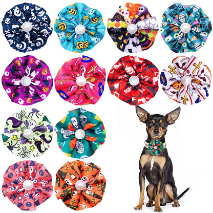 JpGdn 12pcs Halloween Dog Collar Flowers Bows Attachment Sliding for Medium Large XL Puppy Cats Rabbit Party Holiday Grooming Cosume Accessories