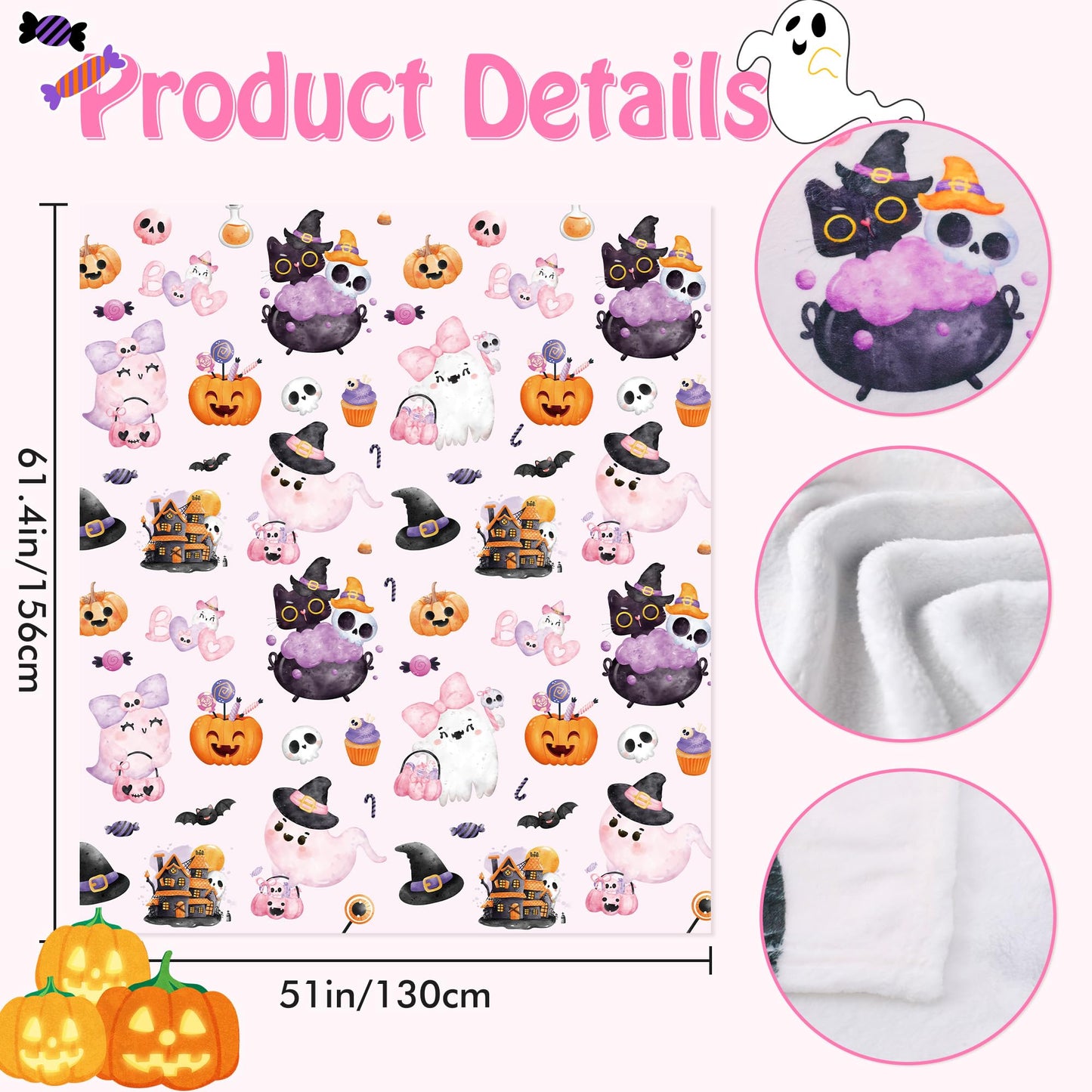Halloween Throw Blanket Gifts, Pink Pastel Cute Ghost Pumpkin Witch Hat Soft Cozy Comfy 50 x 60 Flannel Blanket, Gift for Girls Kids Friends or Halloween Lovers