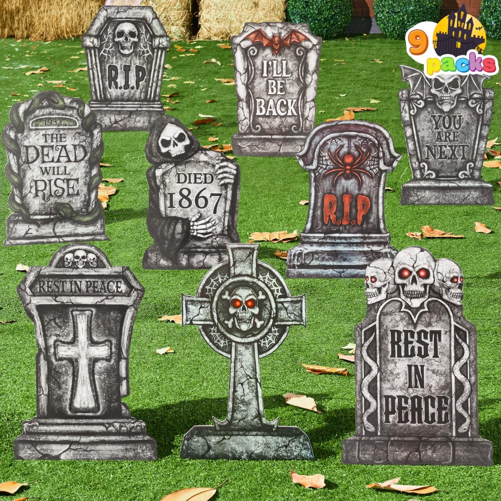 JOYIN 16" 9 Pcs Halloween Tombstones Decorations Outdoor, Graveyard Yard Lawn Plastic Headstones with 18 Metal Stakes for Halloween Cemetery, Indoor Decorations, Prop, Party Decor Supplies