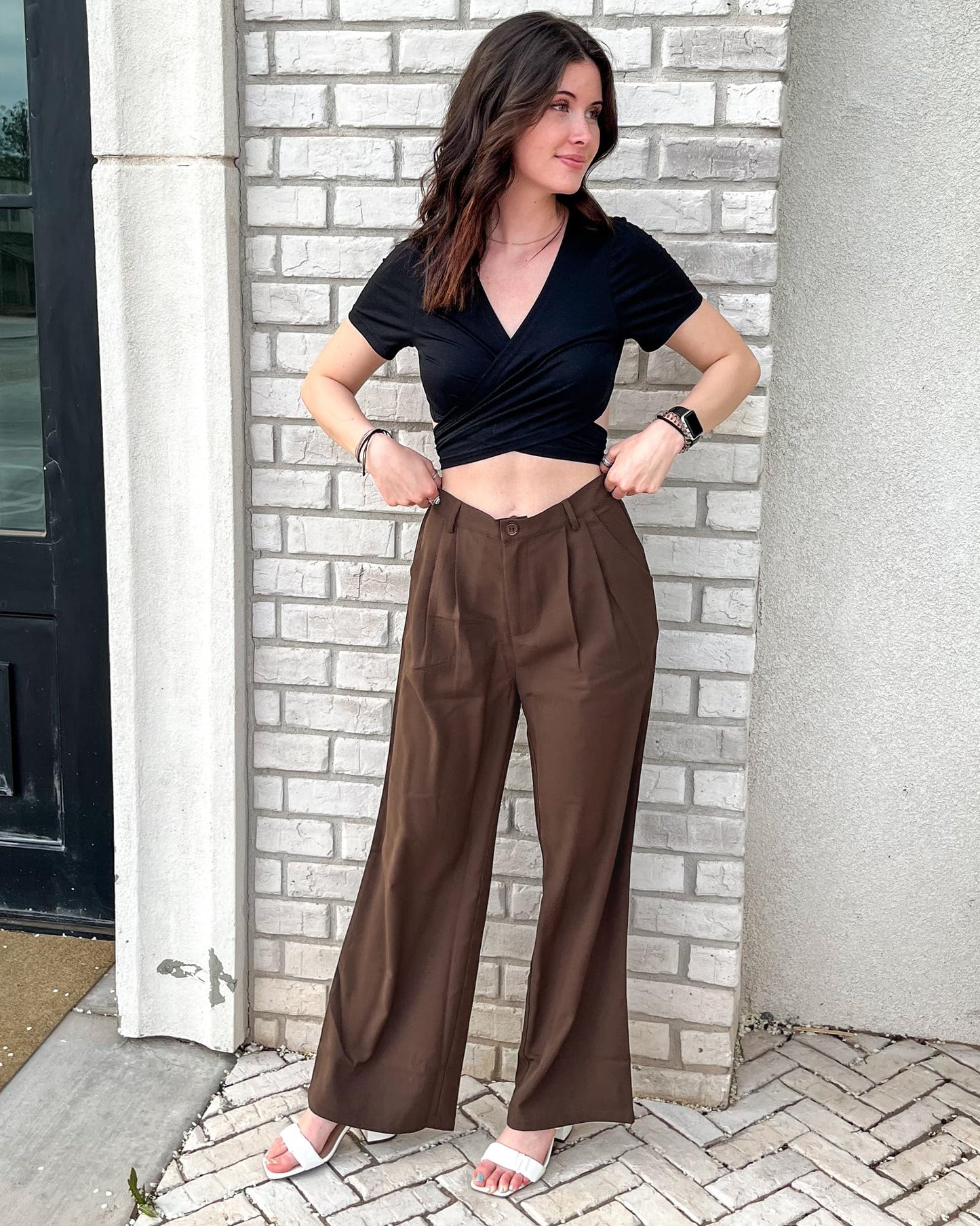 GRAPENT Business Pants - Old Money Style, High Waisted Wide Leg, Brown Chocolate Slacks for Women - Size XXL/20-22