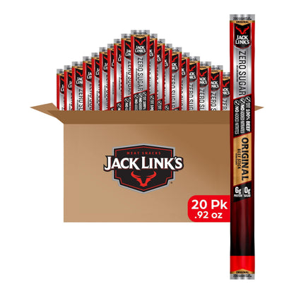 Jack Link's Beef Sticks, Original Zero Sugar - Protein Snack, Meat Stick with 5g of Protein, Meat Snack Sticks Made with 100% Beef, Keto & Paleo Diet Friendly, Individually Wrapped - 0.92 Oz. (20 Count)