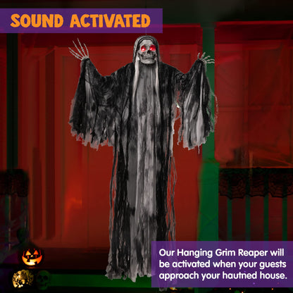 JOYIN 59” Halloween Animated Hanging Grim Reaper Outdoor Decorations with Glowing Eyes and Creepy Sound, Halloween Skeleton Ghost Decoration for Haunted House Prop Graveyard Lawn Indoor Party Supplies