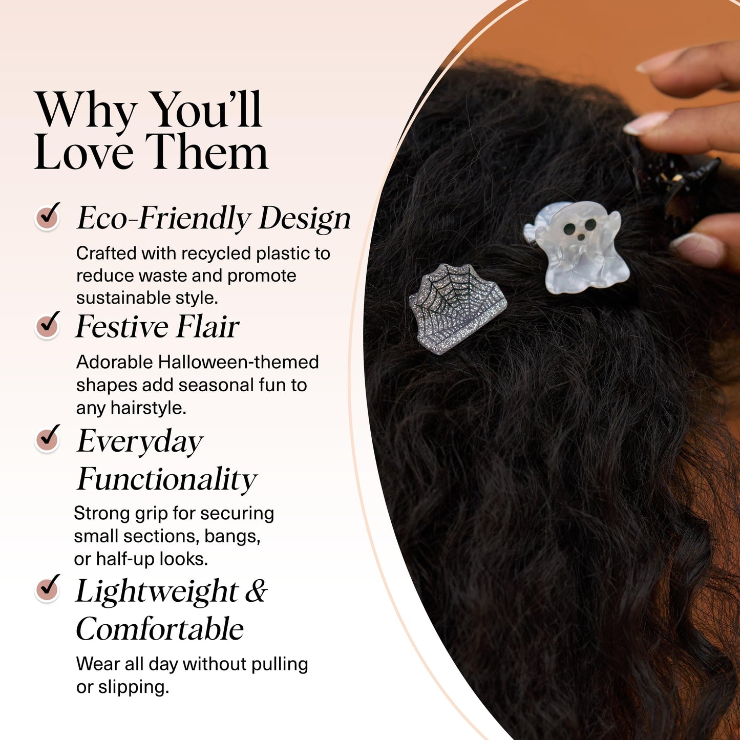 Kitsch Recycled Plastic Mini Claw Clips – Halloween Hair Clips with Ghost, Web & Bat Designs – Festive Hair Accessories & Hair Claw Styling – Small Hair Clips for Women - 6pc Set