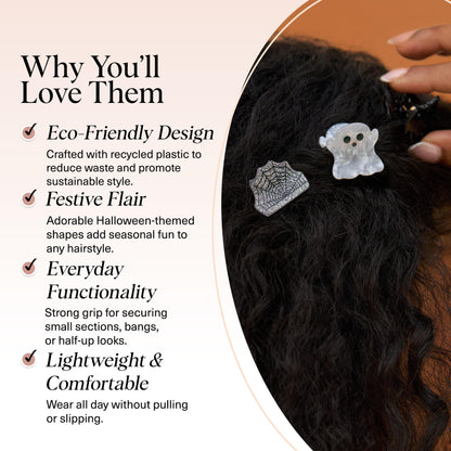 Kitsch Recycled Plastic Mini Claw Clips – Halloween Hair Clips with Ghost, Web & Bat Designs – Festive Hair Accessories & Hair Claw Styling – Small Hair Clips for Women - 6pc Set