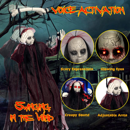 KEUCL Halloween Decorations, Hanging Swing Ghost with Voice Activated, Creepy Sound/Light Up Eyes, Halloween Animatronics Spooky Haunted House Holiday Prop for Outdoor Indoor Yard Garden Patio Trees