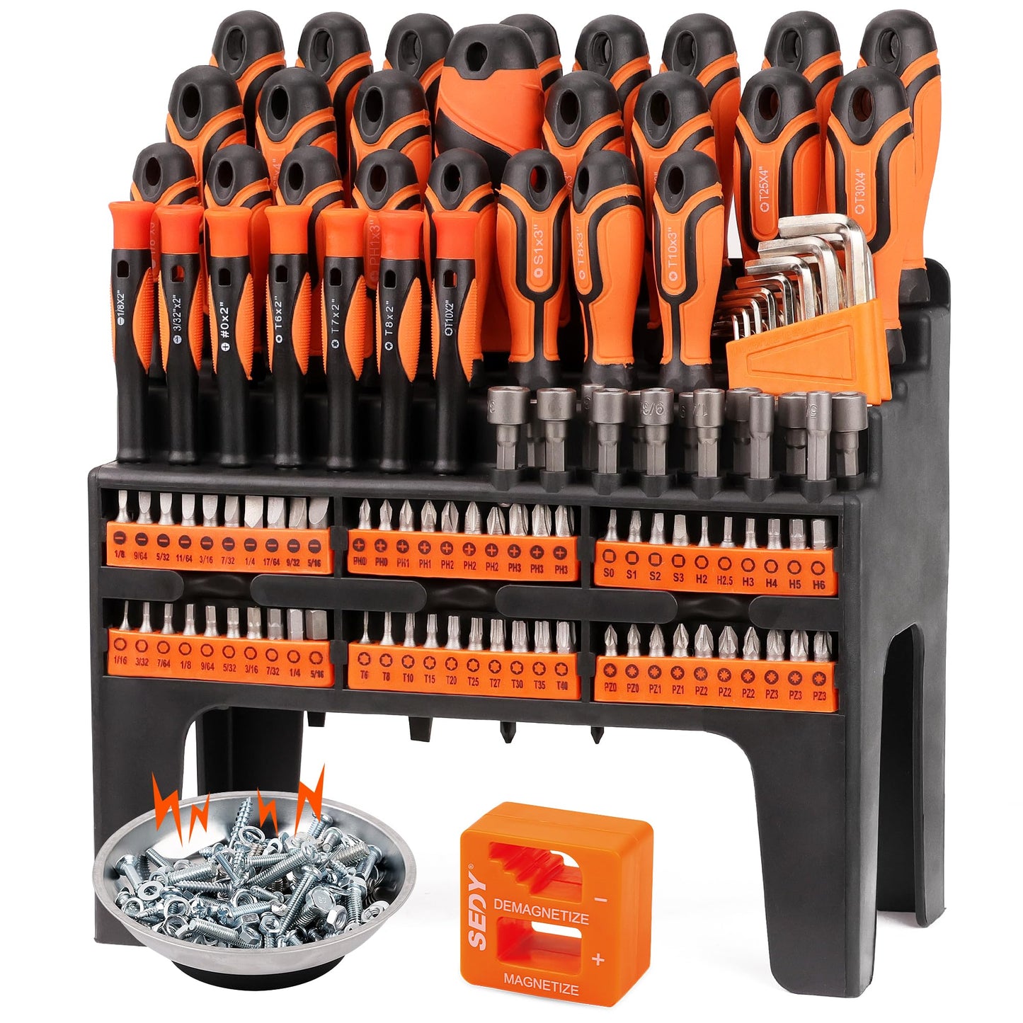 124-Piece Magnetic Screwdriver Set with Plastic Racking, Precision Screwdrivers, Magnetizer, Demagnetizer, Allen Keys, Nut Drivers, Ratchet Handles, Sockets & More - DIY Tools for Men, Tools Gift