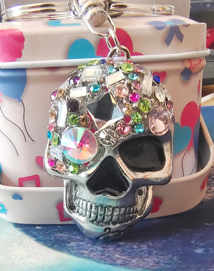 JIAHATE Skull Keychains for Women,Inlaid Multicolor Rhinestone Skull Key CharmTrendy and Punk Style Skeleton Head Key Chain Unisex Gift