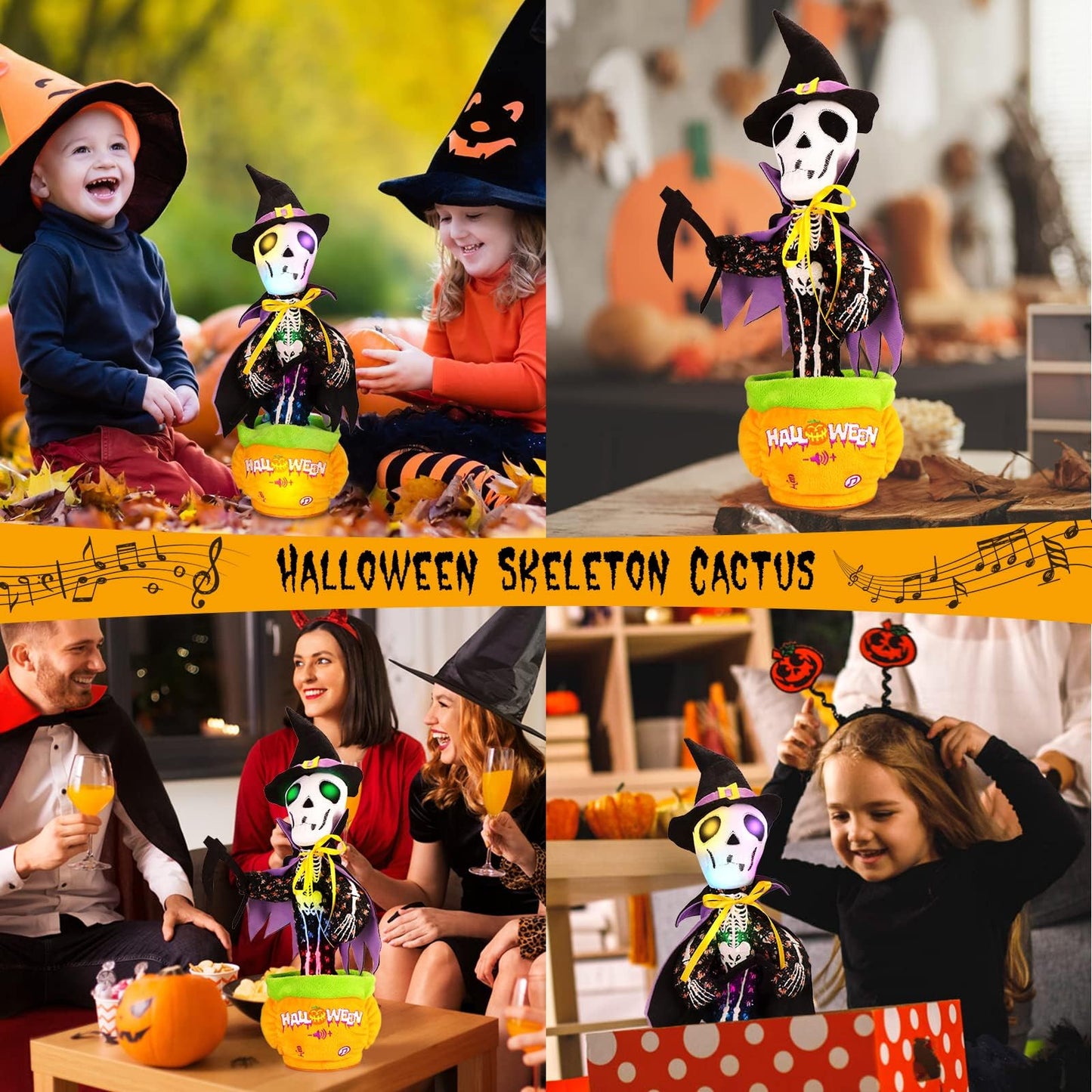 Emoin Halloween Skeleton Dancing Cactus Mimicking Toy, Talking Skull Cactus Toy Repeats What You Say,Singing Glowing Halloween Indoor&Outdoor Decorations