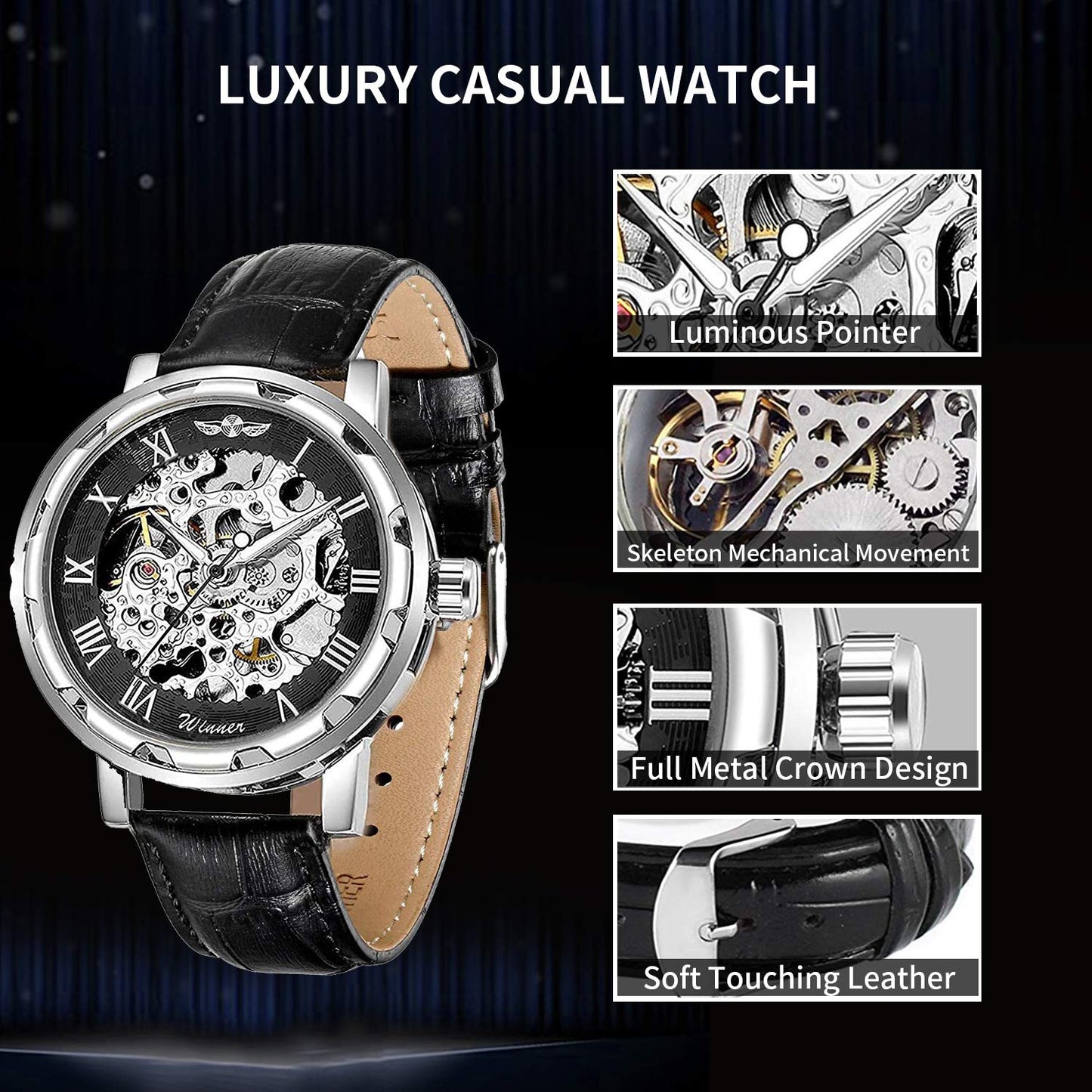 GLEIM Men's Watch, Mechanical Skeleton Steampunk Design Automatic Self-Winding Roman Numeral Silver Case PU Leather Wrist Watch