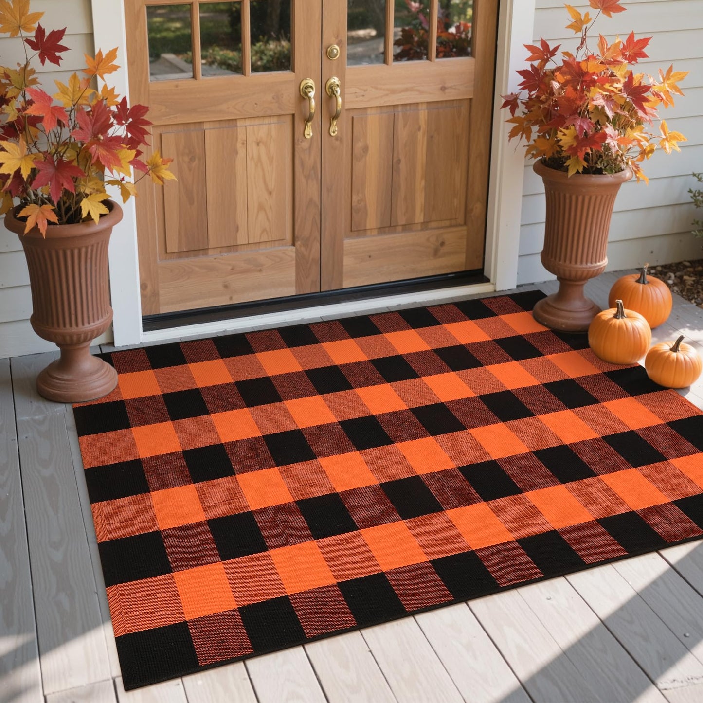 LEEVAN Halloween Buffalo Plaid Outdoor Rug 3x5, Washable Checkered Orange and Black Front Porch Rugs, Thanksgiving Cotton Woven Door Layered Mat for Farmhouse Entryway/Patio/Kitchen