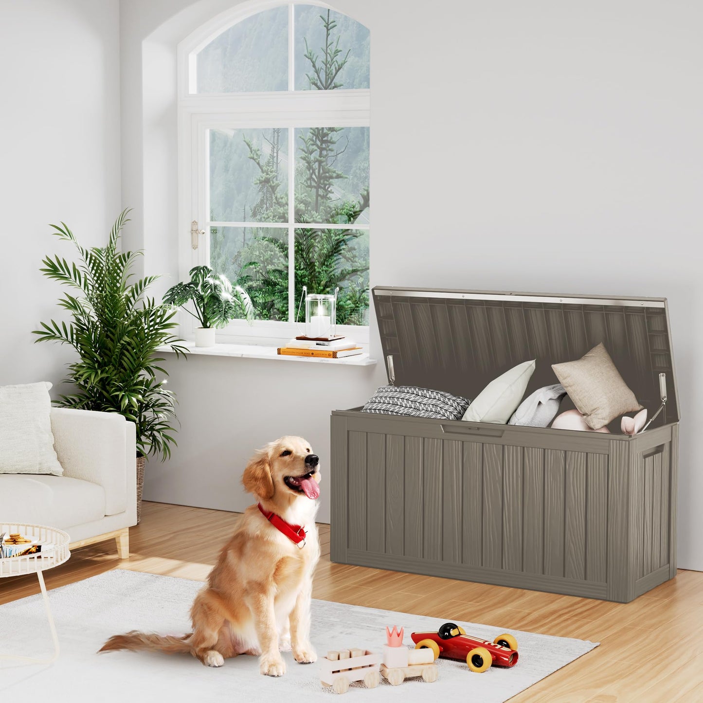 Decksplore 80 Gallon Lockable Resin Deck Box, Waterproof Outdoor Storage Box for Patio Furniture, Garden Tools, Pool Accessories, UV-Resistant Outside Delivery Box, Grey