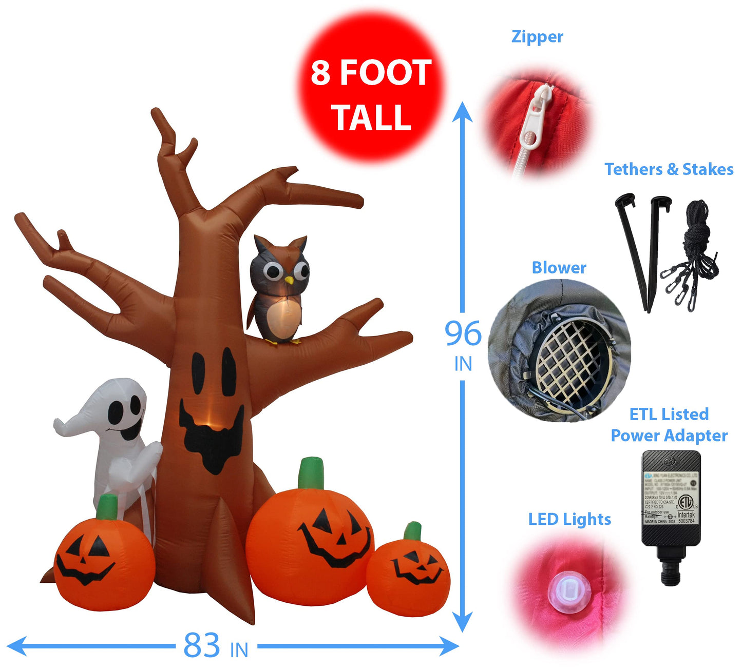 8 Foot Dead Tree with Owl, Ghost and Pumpkins