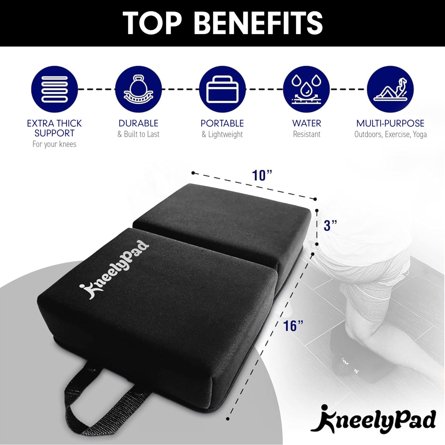 KneelyPad by Kneely | Kneeling Pad for Gardening, Exercise, Cleaning, & Mechanic Work | Extra Thick Memory Foam Knee Cushion for Gardening & More with Washable Cover | Foldable Knee Pad with Handle