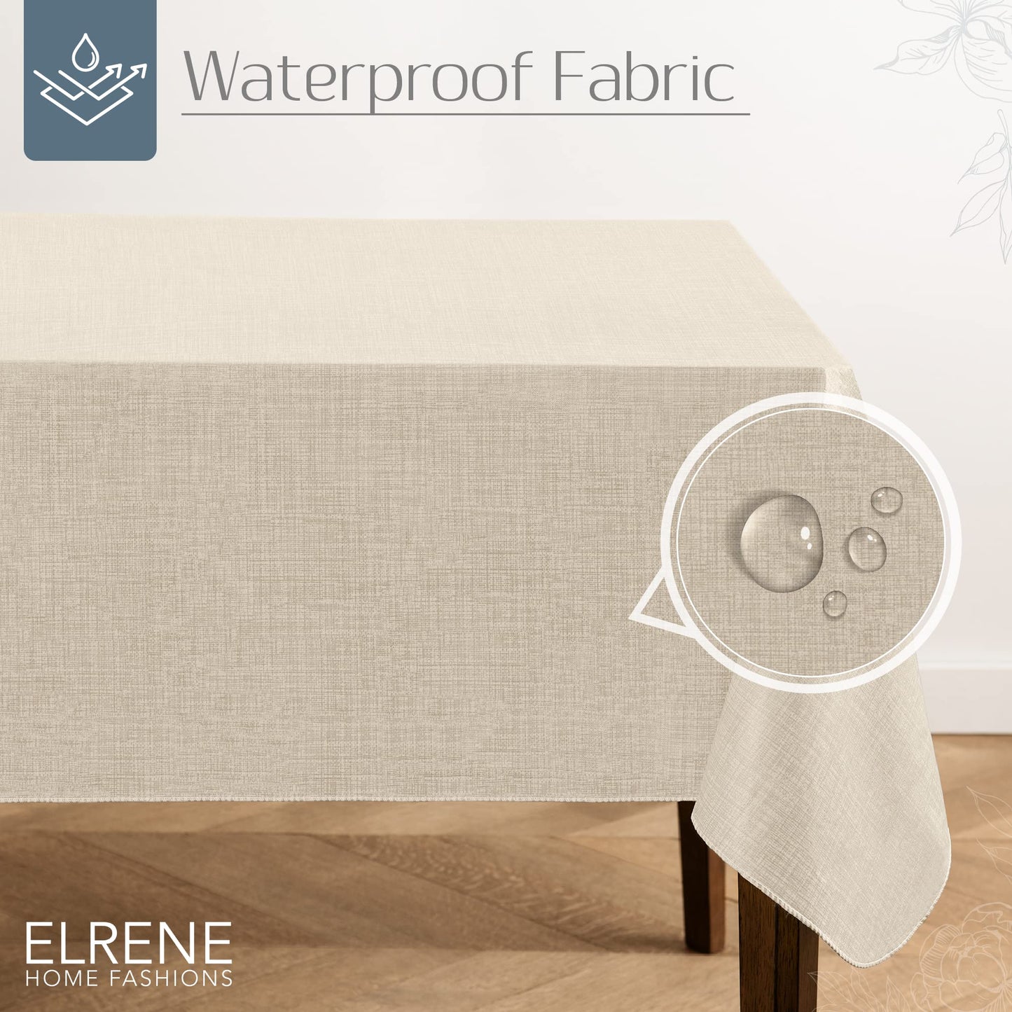 Elrene Home Fashions Monterey Linen-Texture Water- and Stain-Resistant Vinyl Tablecloth with Flannel Backing, 60 inches X 102 inches, Rectangle, Ivory
