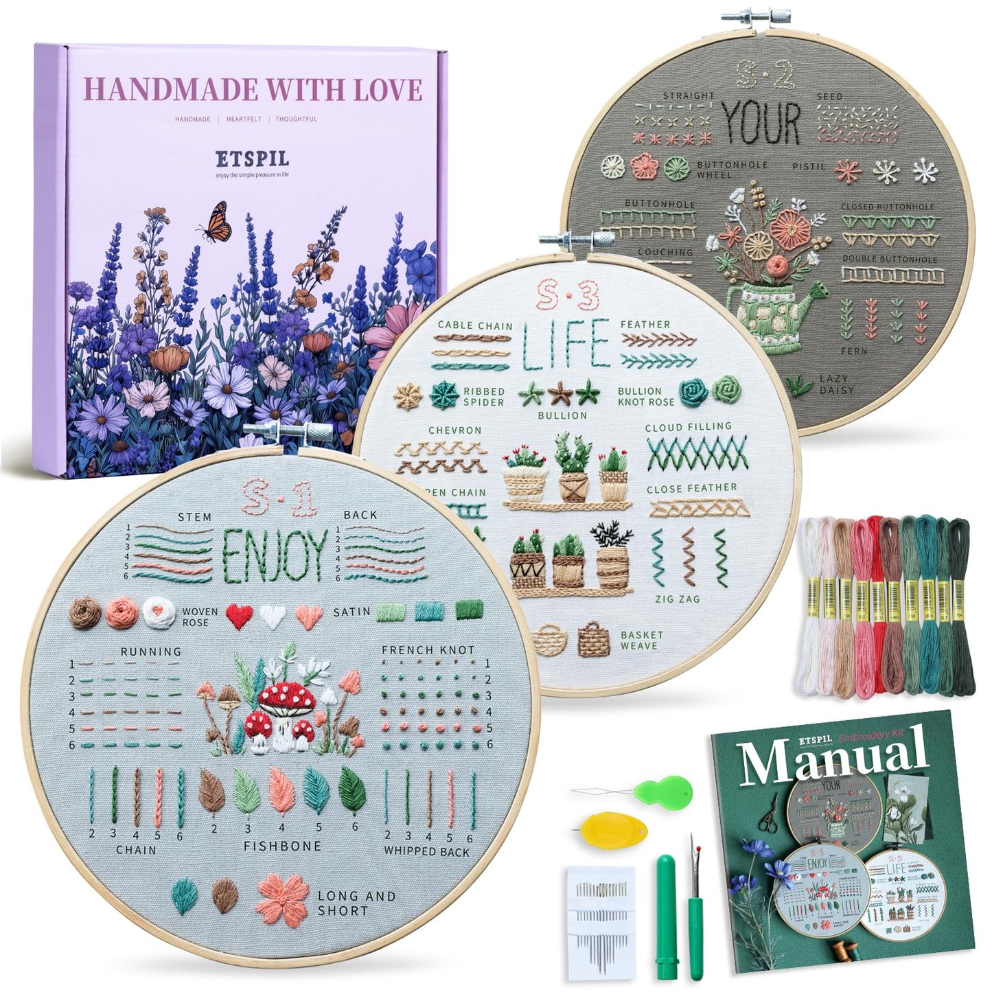 ETSPIL Embroidery Kit for Adult Beginners, 3-Pack 33-Stitch Practice Samplers, Pre-Stamped Patterns, 7.8-Inch Hoop, Threads & Needles, Step-by-Step Guide & Video, DIY Needlework Craft Gift for Women