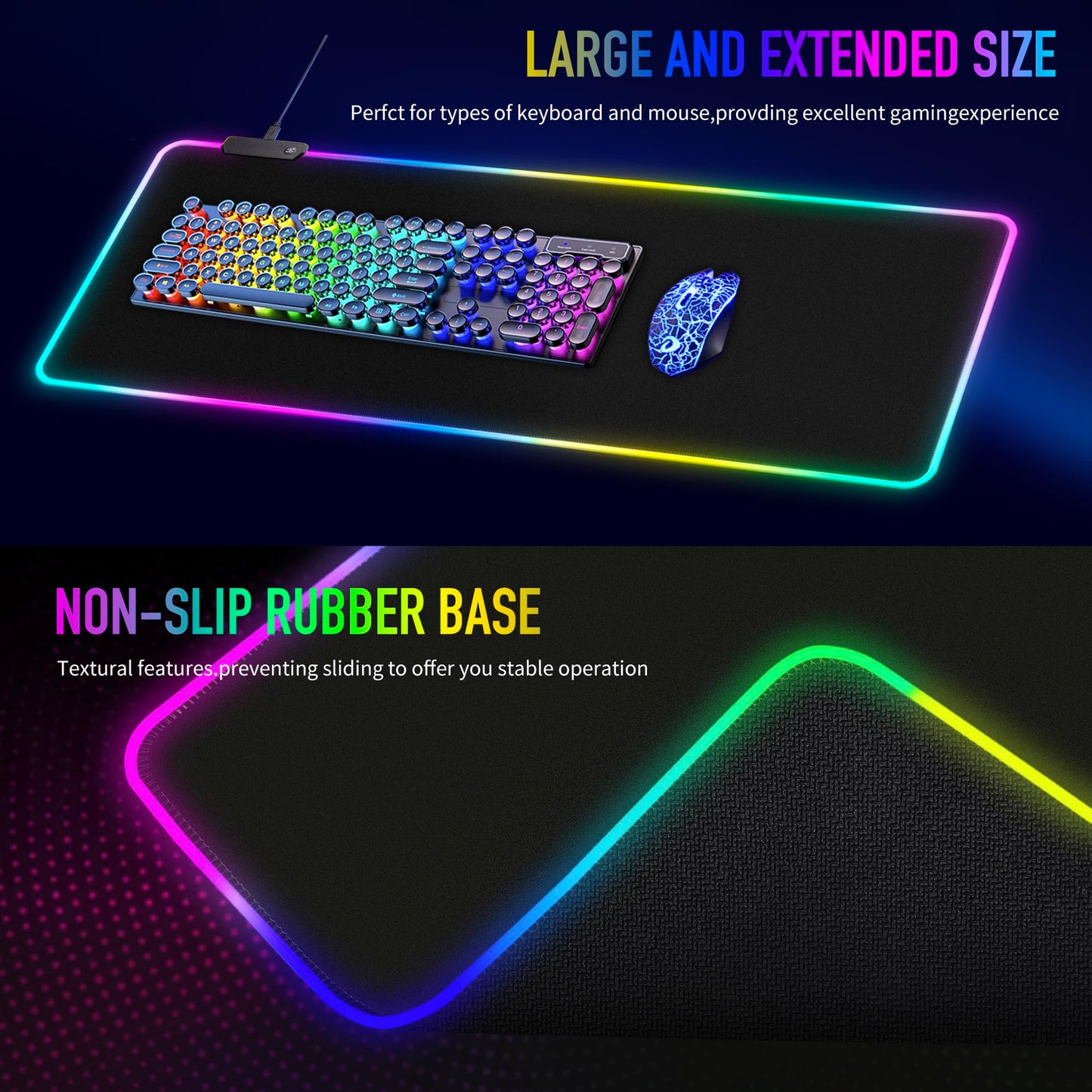 Large RGB Gaming Mouse Pad -15 Light Modes Touch Control Extended Soft Computer Keyboard Mat Non-Slip Rubber Base for Gamer Esports Pros 31.5X11.8