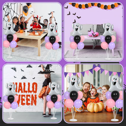 Halloween Ghost Party Balloons Stand Kit 2 Sets with 2 White Ghost Foil Balloons Pink Black and Purple Balloon Centerpiece for Tables for Trick or Treat Baby Shower Horror Birthday Party Decorations