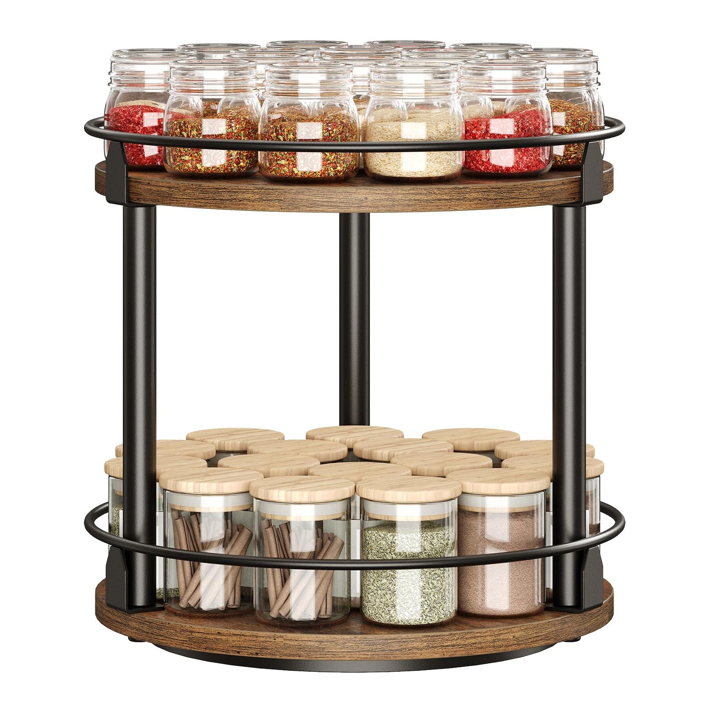 3-Tier Lazy Susan Organizer, Rotating Spice Rack, Spinning Organizer, Industrial Turntable Spice Rack Organizer for Cabinet, Kitchen Countertop, Pantry, Rustic Brown and Black SR23BR
