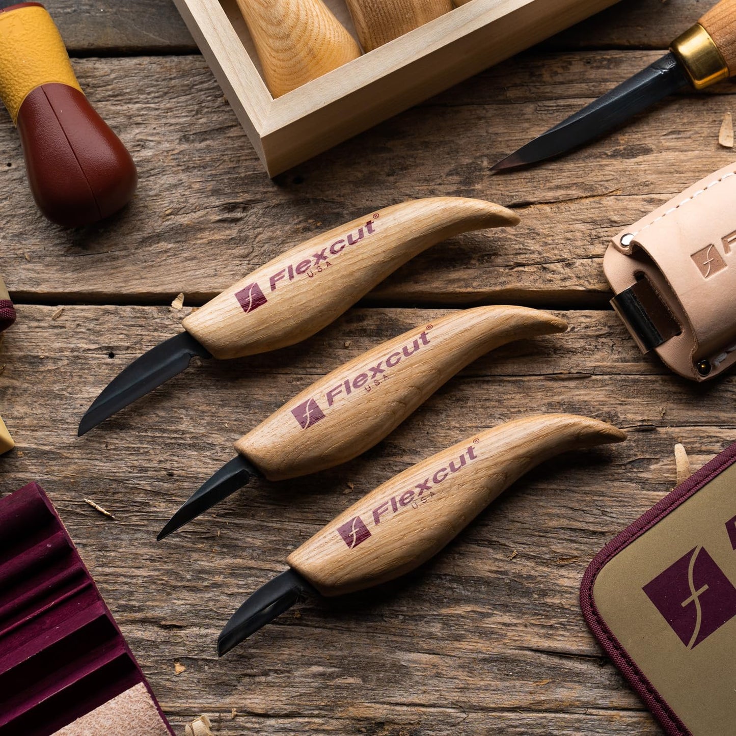 FLEXCUT Starter 3 Wood Carving Knife Set KN500, 1095 High Carbon Steel Blades and Ergonomic Ash Wood Handles for Beginners and Hobbyists