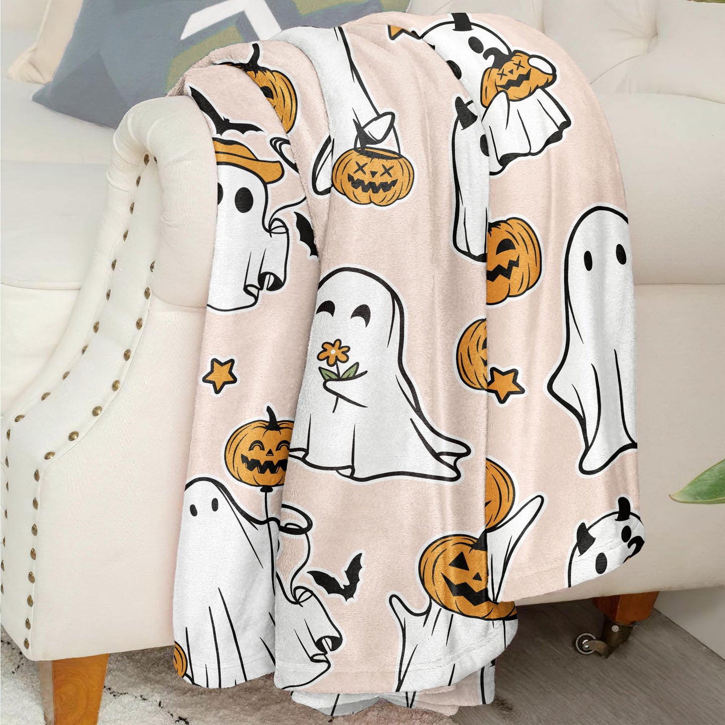 Glawry Halloween Throw Blanket for Bed,51x59 Inch, Cute Funny Ghost Pumpkin Lantern Spooky Lovely Holiday Cartoon Kawaii for Kids Boys Girls Nursery Soft Cozy Flannel Blankets for Sofa Couch Chair