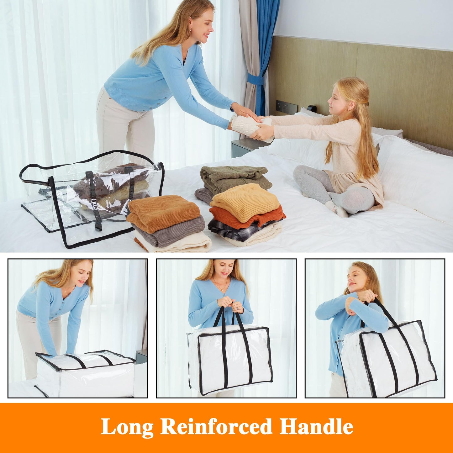 Vieshful 3 Pack Clear Clothes Storage Bag, 40L Plastic Blanket Storage Bag with Zipper, Foldable Closet Organizer, Moving bags for Comforter, Blanket, Bedding, Duvet, Toys