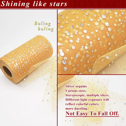 Glitter Tulle Rolls 6 Inch by 50 Yards Sparkling Tulle Fabric Sequin Ribbon Spool with Bow for Christmas Gift Wrapping DIY Tutu Table Skirt Halloween Decorations (Antique Gold)
