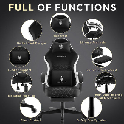 Dowinx Gaming Chair, Breathable Fabric Computer Chair with Pocket Spring Cushion, Ergonomic Massage Gamer chair with Lumbar Support and Footrest, Height Adjustable Office Game chairs for Adults, Black