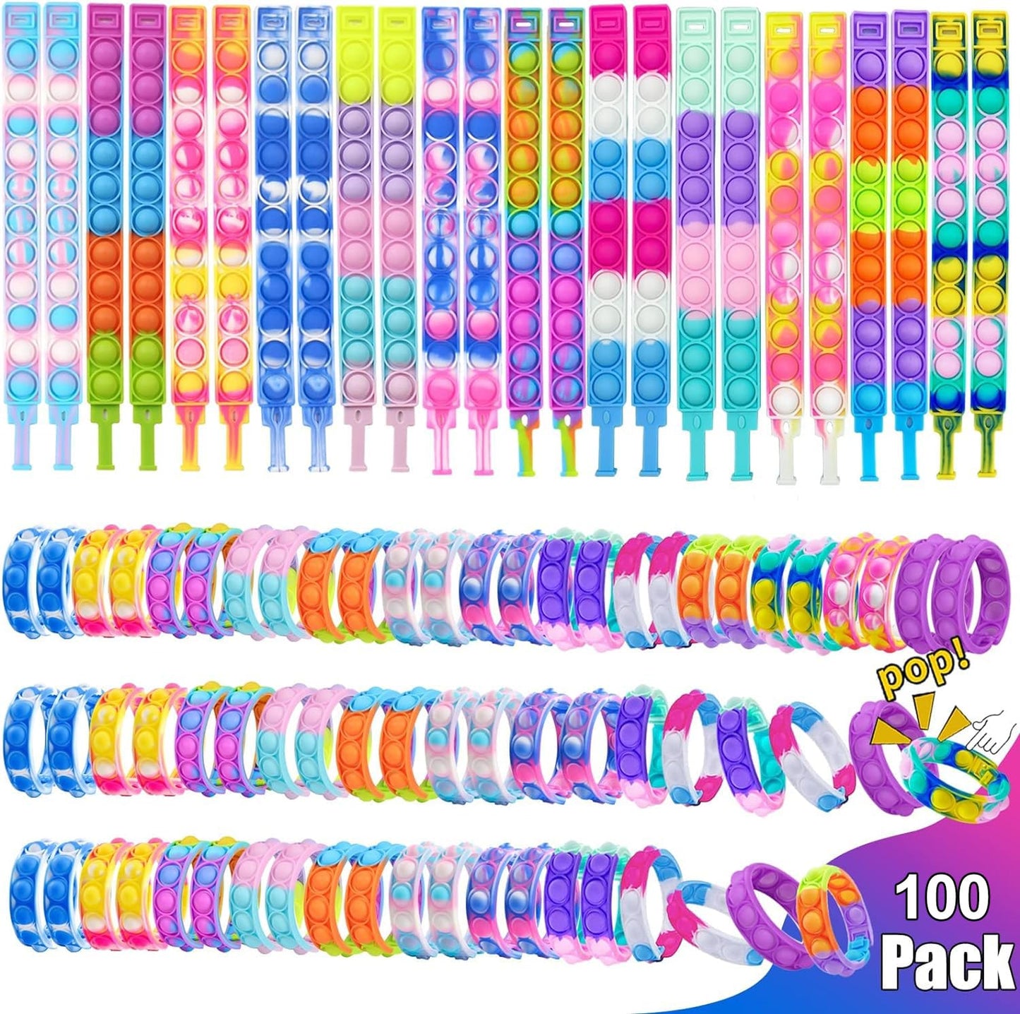 100Pcs Pop Bracelet, Party Favors for Kid, Pop Wrist Strap Fidget Toys Pack ,Fidget Toys for Girils Boys, as Gifts for Easter Chrismas,Classroom Prizes for Students