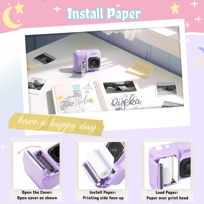 ETIKEZ Kids Camera, 1080P Instant Digital Print Camera for Kids, Christmas Birthday Gifts for 4 5 6 7 8 9 10 Year Old Girls Boys, Portable Toy with 32GB SD Card & 3 Rolls Printing Paper, Purple