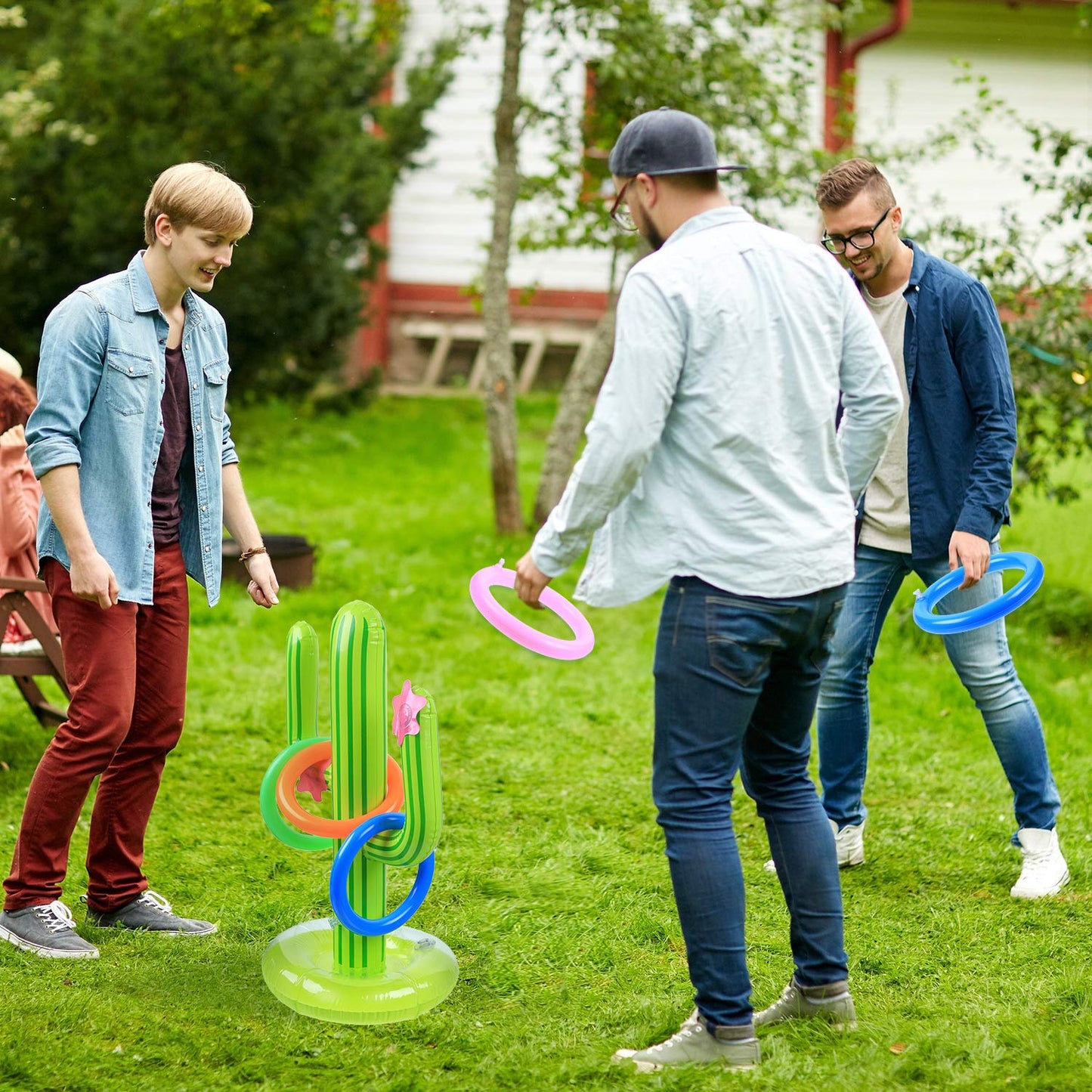 Gejoy 2 Pieces Inflatable Cactus Ring Toss Game Set Floating Swimming Ring Toss with 10 Pieces Inflatable Rings for Summer Hawaiian Pool Beach Luau Party Supplies