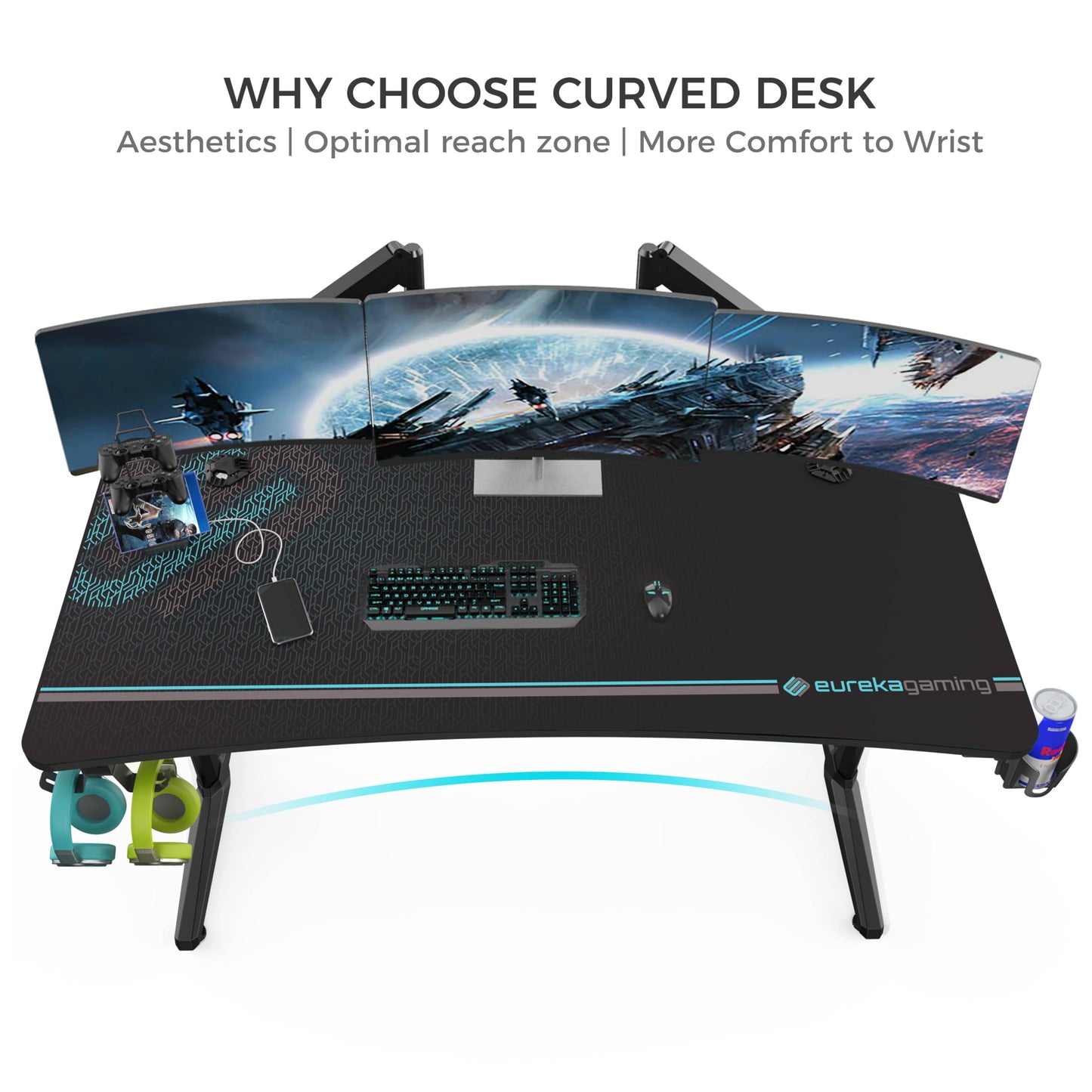 EUREKA ERGONOMIC 60 Inch Gaming Desk with Full Mouse Pad, Large Home Office Curved Computer Desk for 3 Monitors with Cup Holder, Headphone Hook and Handle Rack with USB Charging Ports for Gamer, Black