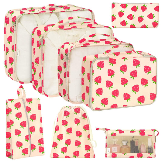 KPX 8 Set Packing Cubes for Travel, Luggage Packing Organizers Accessories Large Toiletries Bag for Clothes Shoes Cosmetics (Strawberry)