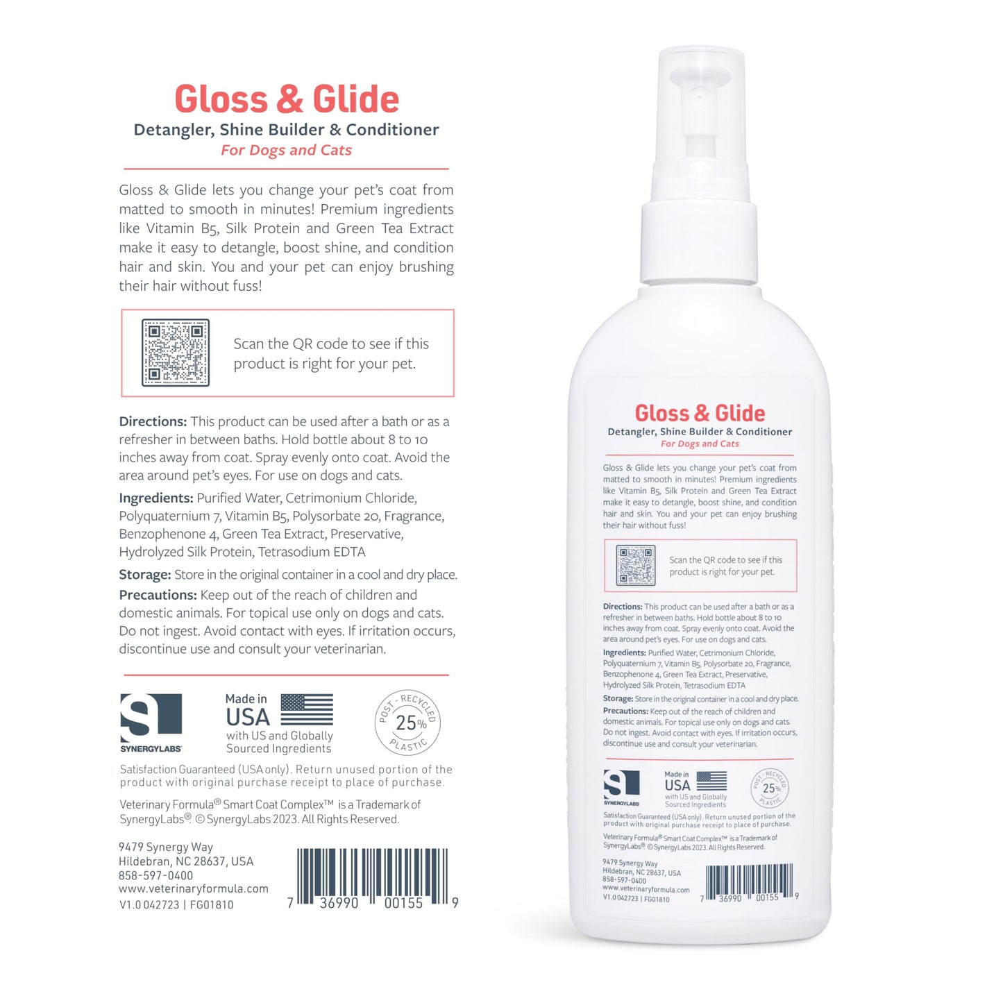 Veterinary Formula Smart Coat Complex Gloss & Glide Detangler, 8 Fl oz – Shine Builder, Conditioner Spray for Dogs – Quickly Detangles Matted Hair – with Silk Protein and Antioxidants