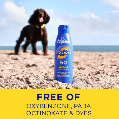 Coppertone Sport Sunscreen Spray SPF 50, Sweat, Heat and Water Resistant Sunblock, Lightweight, Oxybenzone Free, Spray Sunscreen Bulk Pack, 5.5 Oz Bottle, Pack of 3 (Packaging May Vary)