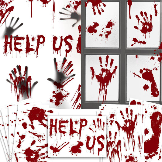 Halloween Window-Clings-Decorations Bloody-Handprint-Footprint Stickers, Scary Halloween Party Indoor/Outdoor Decoration, for Windows, Car - 12 Sheets