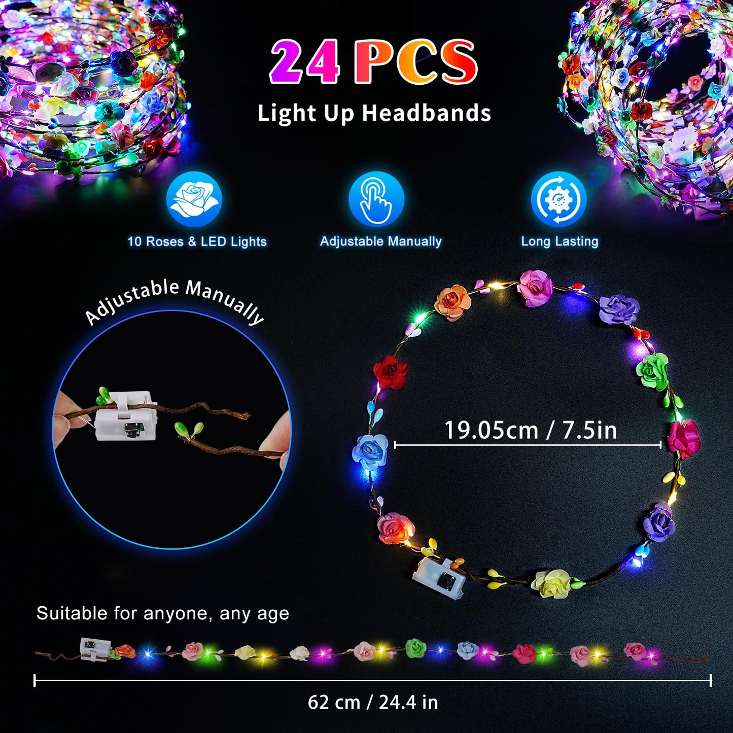 HONLYNE 24 PCS LED Flower Crowns Headbands, Light Up Flower Crowns for Women & Girls, Glow in The Dark Flower Hairbands Wreath for Wedding Beach Party Birthday Cosplay Gifts, Halloween, Christmas