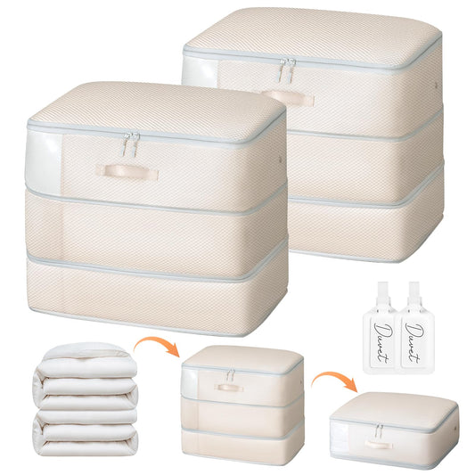 Easortm Comforter Storage Bag - Large Capacity Blanket Storage Bags 3-Layer Ultra Space Saving Self Compression Organizer, Washable Compression Bags for Storage Comforter Blanket, 2-Pack, Beige