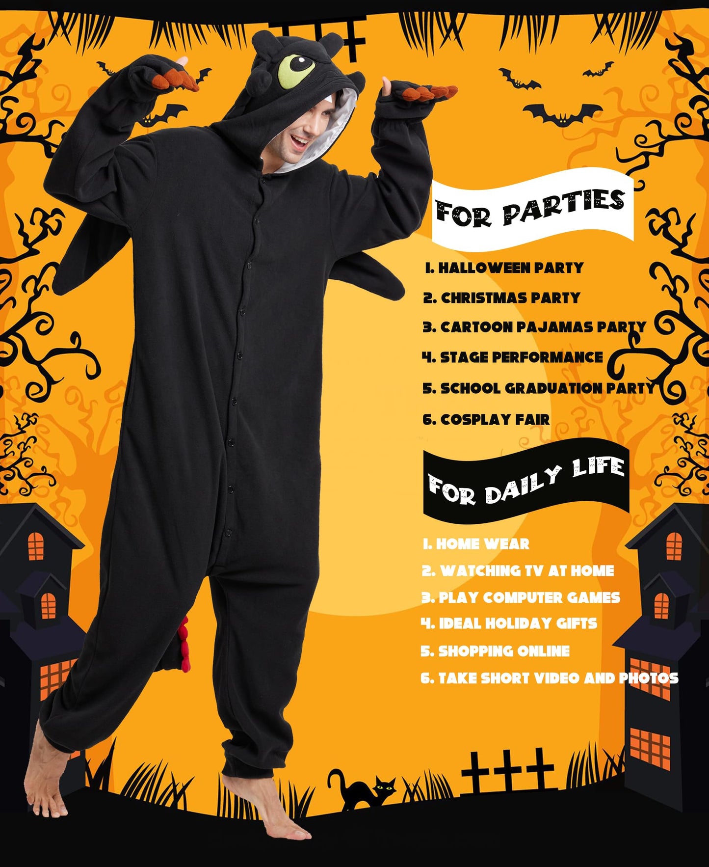 Kidukso Unisex Adult Dragon Onesie Pajamas Cute Animal Sleepwear Dragon Costume Halloween Christmas Party Costumes for Women Teens Men Black Large