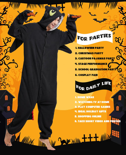 Kidukso Unisex Adult Dragon Onesie Pajamas Cute Animal Sleepwear Dragon Costume Halloween Christmas Party Costumes for Women Teens Men Black Large