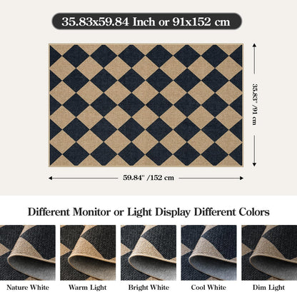 Lahome Checkered Easy Jute 3x5 Outdoor Patio Rug, Washable Rugs for Entryway Diamond Indoor Outdoor Living Room Carpet, Farmhouse Neutral Non Slip Black Door Carpet for Backyard Bedroom