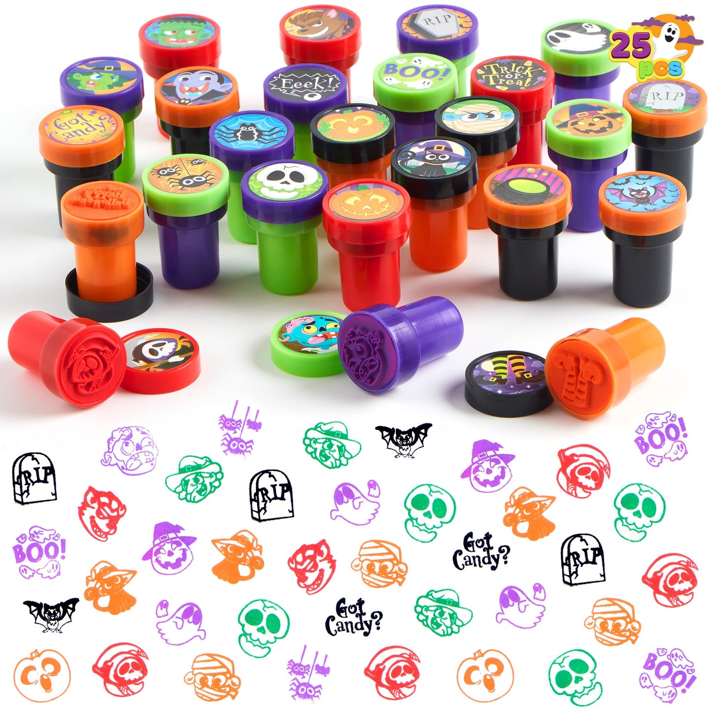 JOYIN 100 Pcs Halloween Stampers for Kids Gift, 25 Designs Assorted Plastic Stamps Bulk for Halloween Party Favors Goodie Bag Fillers, Teacher Student Stamps for Classroom Game Prizes