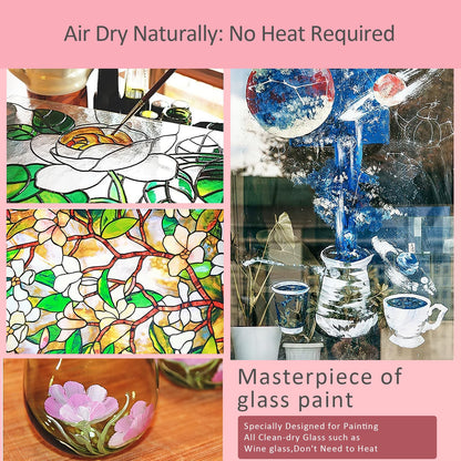 Colorful Stain Glass Paint Kit with 12 Colors, 3 Nylon Brushes, 1 Palette, Permanent Acrylic Enamel Painting Set to Create Translucent Arts on Transparent Wine Glasses, Enamel, Window and Glass