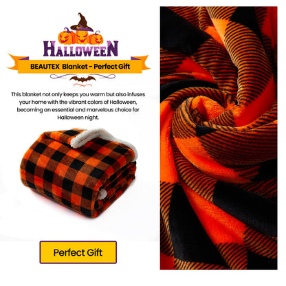 BEAUTEX Halloween Blanket, Sherpa Plaid Throw Blankets Fuzzy Fluffy Cozy Soft Throws, Fleece Flannel Plush Microfiber Blanket Halloween Fall Decor for Couch Bed Sofa(50" X 60", Orange)