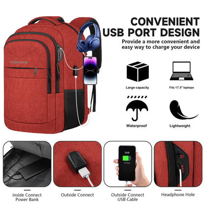 Lapsouno Large Backpack, Travel Laptop Backpack, Carry on Backpack, Sturdy 17 Inch TSA Friendly with USB Port, Water Resistant College School Bag Gifts for Men Women, Wine Red
