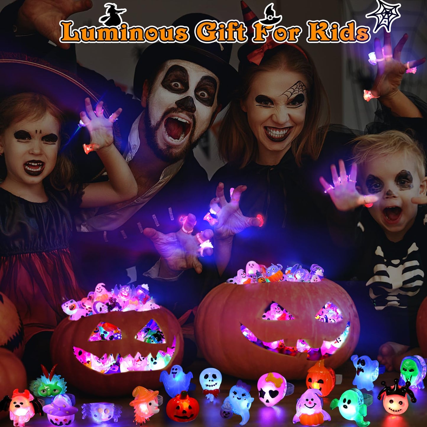 50pcs 3D Halloween Treats Toys Bulk Light Up Rings Gifts Halloween Party Favors for Kids Flashing LED Glow In The Dark Party Supplies Goodie Bag Fillers Stuffers Non Candy Treats Prizes Decorations