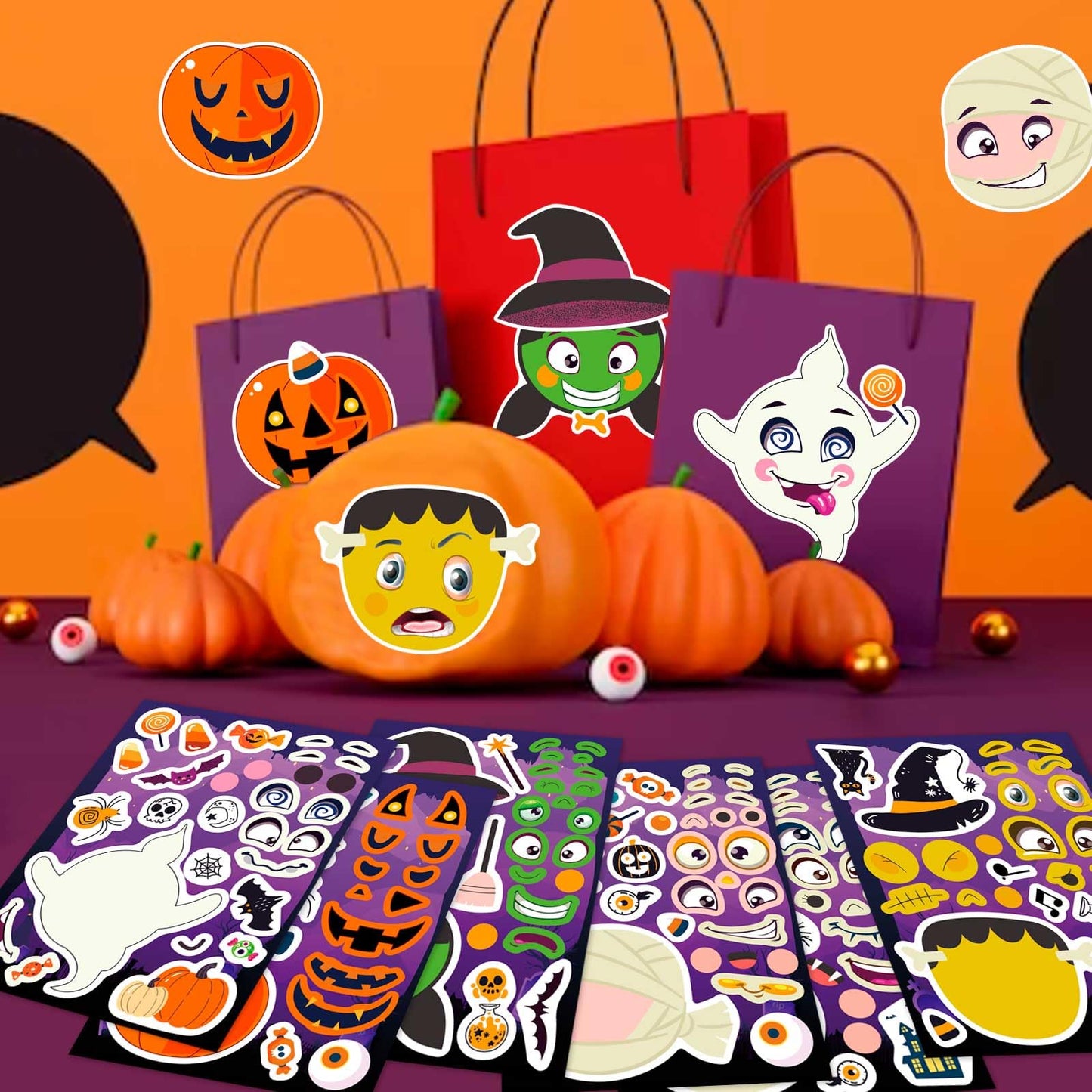 24 PCS Make-a-face Halloween Sticker Make Your Own Halloween Character Mix and Match Sticker with Vampire, Witch, Mummies Zombies, Ghost and Pumpkin Trick or Treat Halloween Goodie Bag Fillers