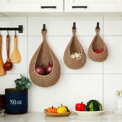 Honeydak Hanging Wall Basket Teardrop Hanging Baskets Onion Basket Coat Bohemian Storage Fruit Wall Hooks for Kitchen Wall Home Restaurant Storage Vegetable, 3 Sizes(Linen)