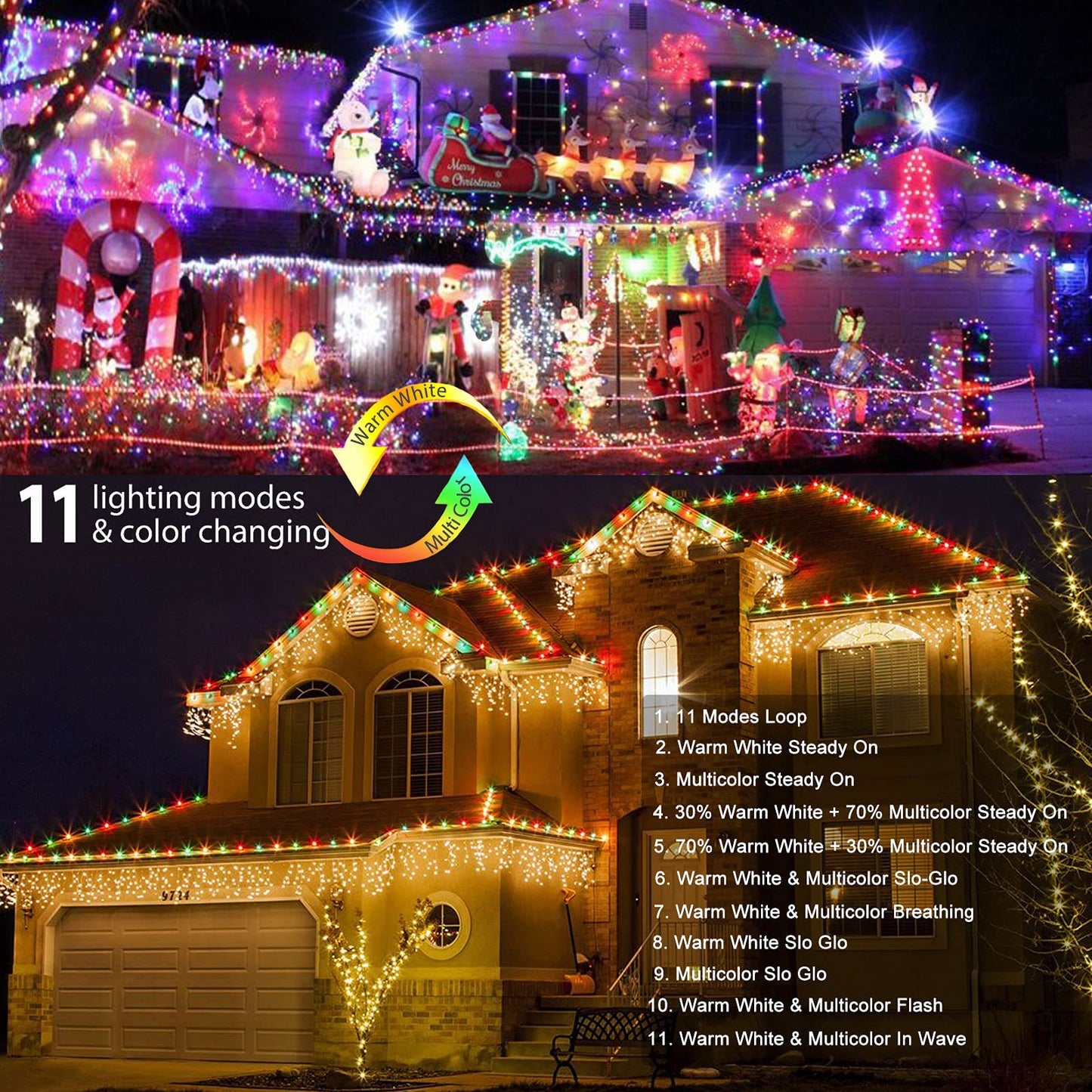 Brizled Christmas Icicle Lights, 29ft 360 LED Outdoor Icicle Lights Color Changing with Remote, 11 Function Connectable Christmas Lighting Warm White & Multicolor Xmas Lighting for Xmas Home Wedding
